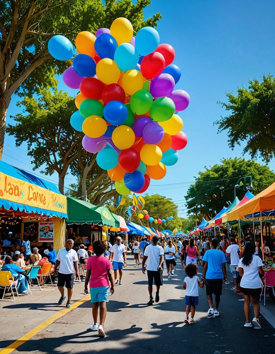 A lively community scene in Lauderdale Lakes showcasing diverse people engaged in vibrant local events, with colorful banners, live music, and food stalls. The backdrop features lush greenery and a bright blue sky, encapsulating a sense of joy and togetherness. Include playful elements like balloons and children playing, emphasizing a rich community life. super-realistic. vibrant colors. bright background.
