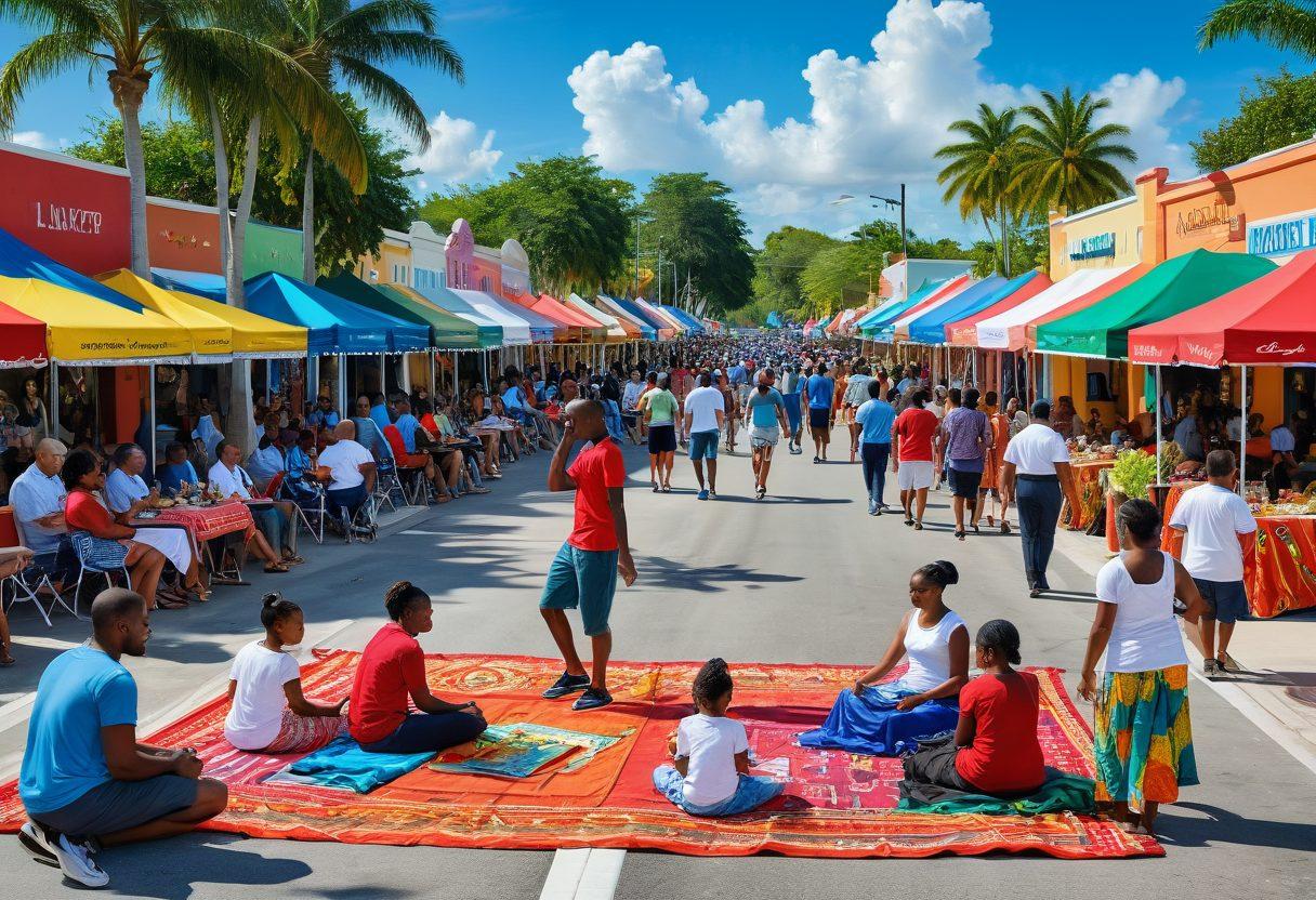 A vibrant community scene in Lauderdale Lakes showcasing a diverse group of families enjoying various activities like picnics, cultural performances, and sports. Include elements of local culture such as art displays, street vendors, and joyful interactions among people of different ages and backgrounds, set against a backdrop of lush greenery and community buildings. The atmosphere should feel inviting and lively. super-realistic. vibrant colors.